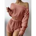 thumbnail image 6 of loungewear sexy pajamas one-word off-the-shoulder women's long-sleeved shorts two-piece set solid color summer, 6 of 6