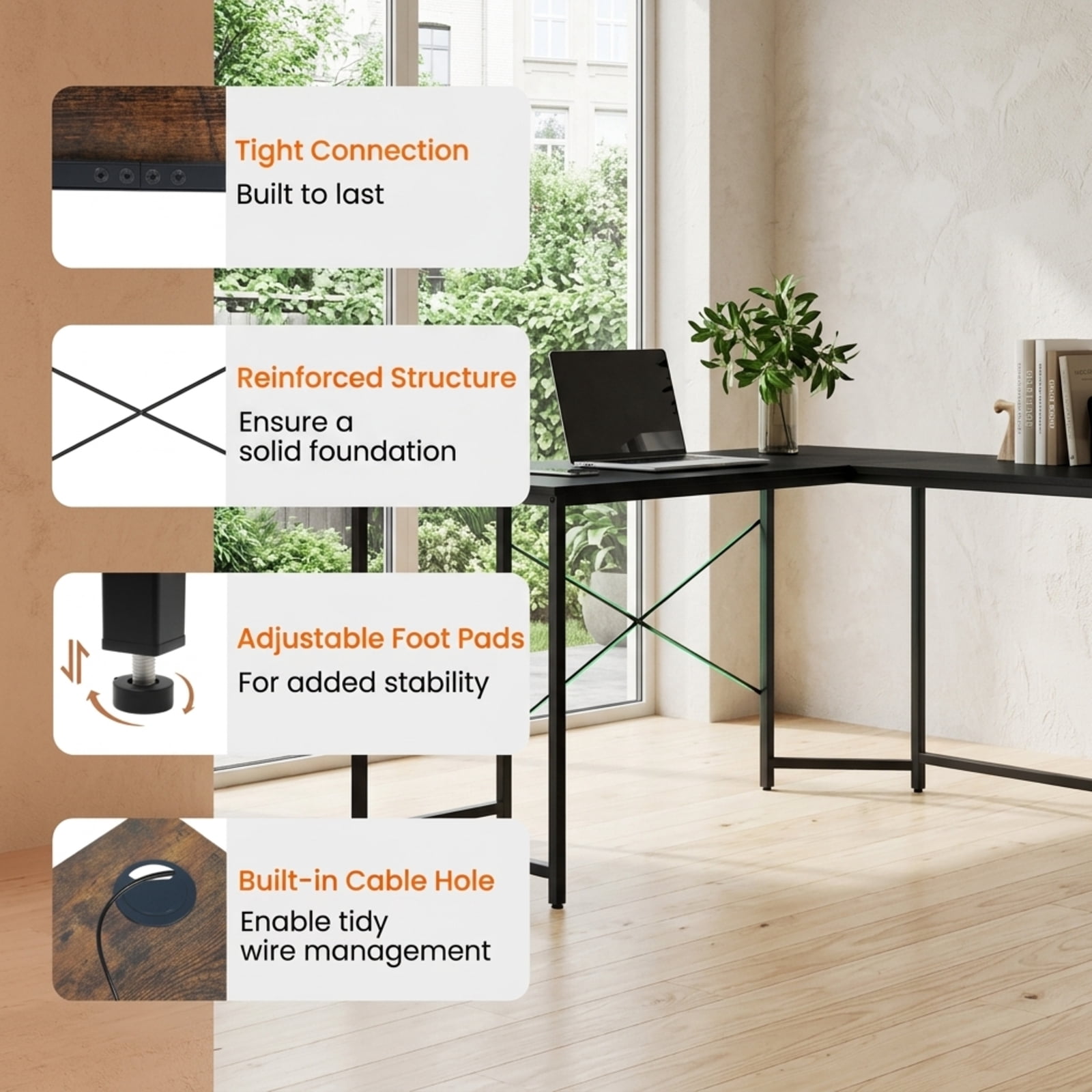 Furnibear 95 Inch 2-Person L-Shaped Reversible Computer Desk with Monitor Stand and Cable Holes for Home Office and Study, Rustic Brown