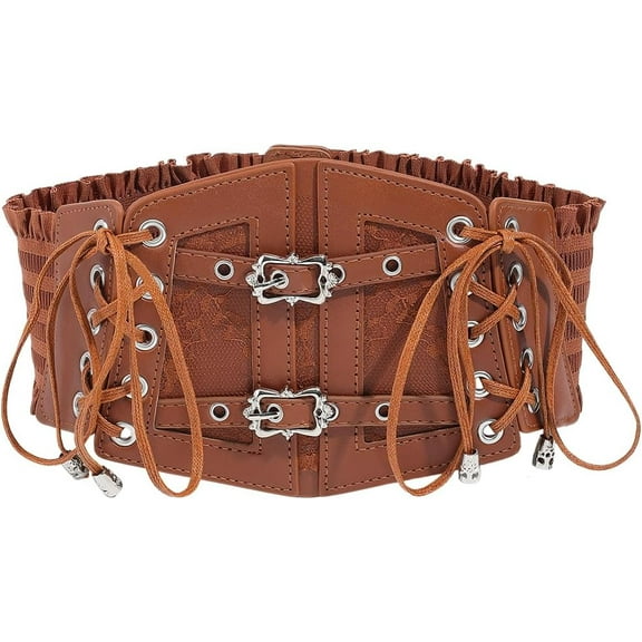 Brown Faux Leather Corset Belt Vintage Corset Elastic Waist Belts Wide Around Obi Lace Up Trendy Waistband with Alloy Buckle Loosens Bulk for Women Dress Shirts Clothing Costume Accessories Brown