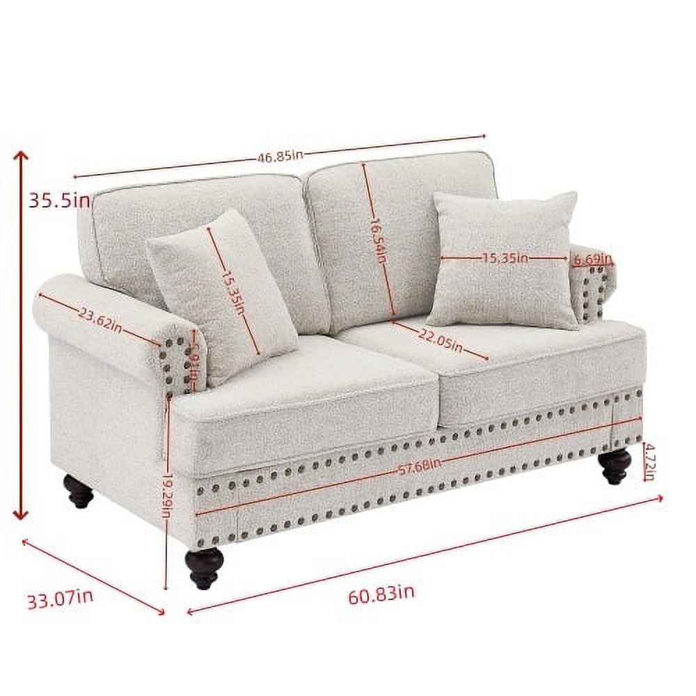 BSHTI 61 inch Chenille modern Upholstered Sofas Love Seater with Nails and Armrests (White)