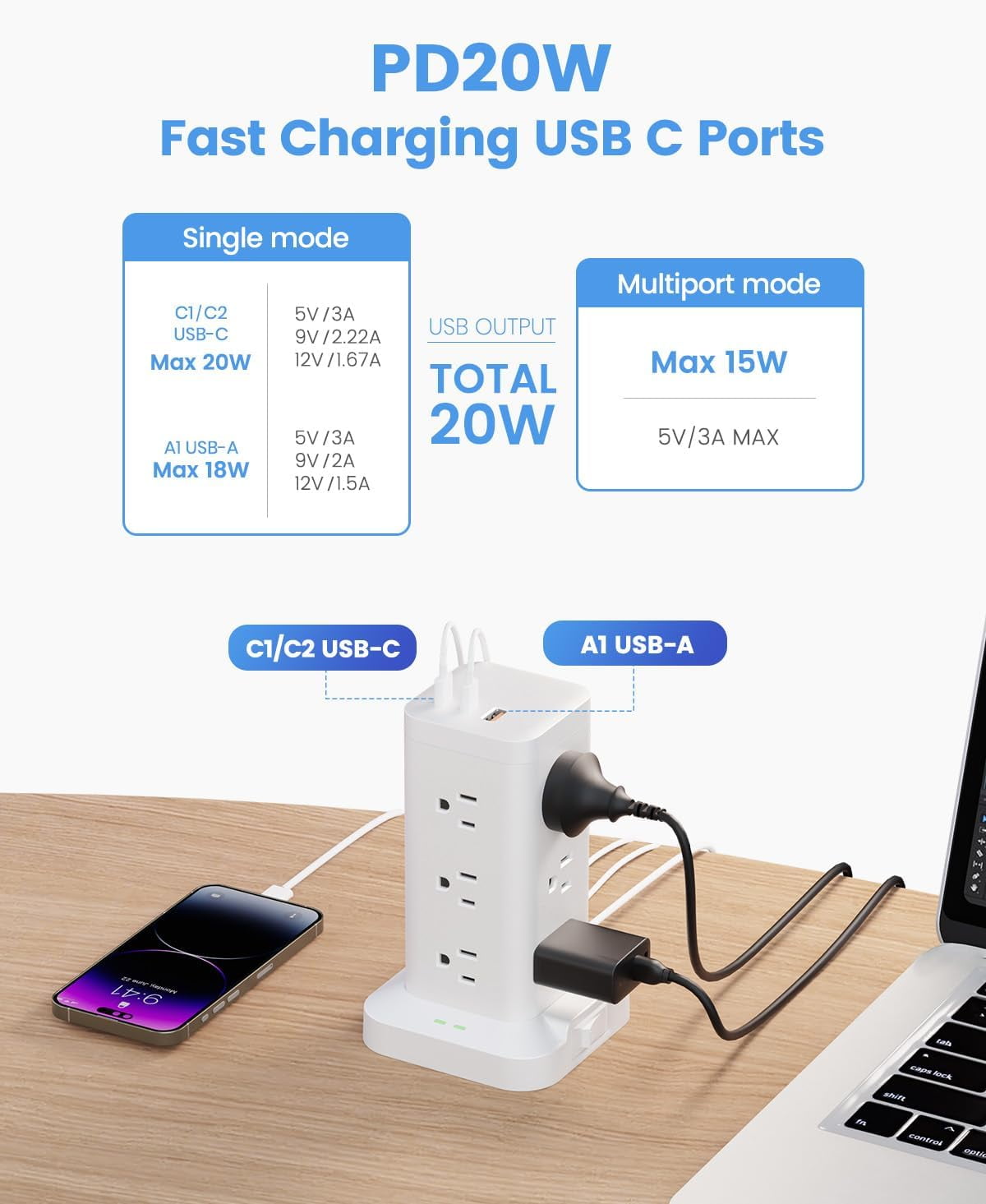 Tower with Surge Protector 1800J, Fast Charging Tower PD20W USB-C Ports with 12 AC Outlets, 10ft Extension Cord for Home Office Dorm Room, White