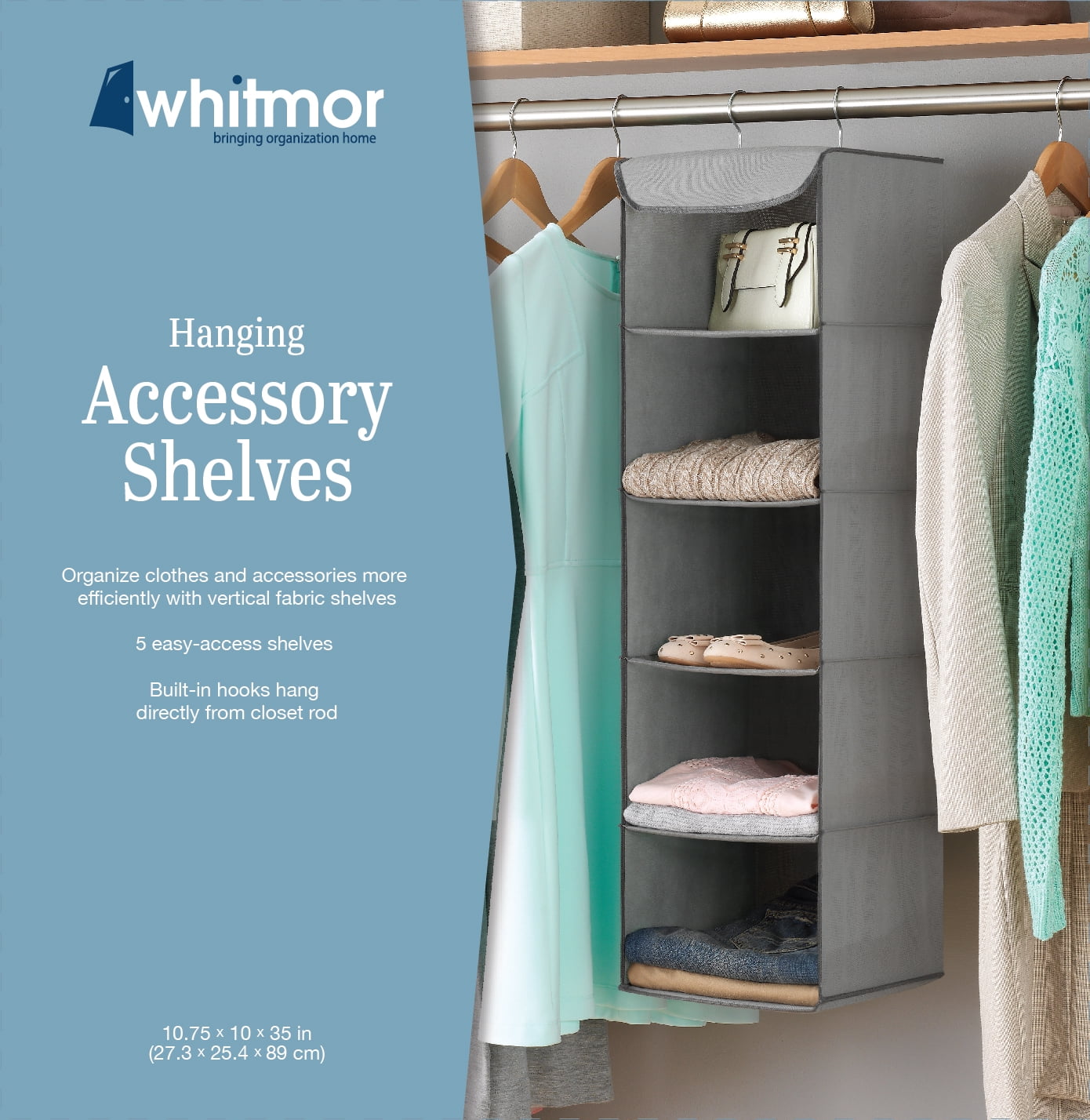 Whitmor 5 Section Closet Organizer Hanging Shelves with Sturdy Metal Frame 
