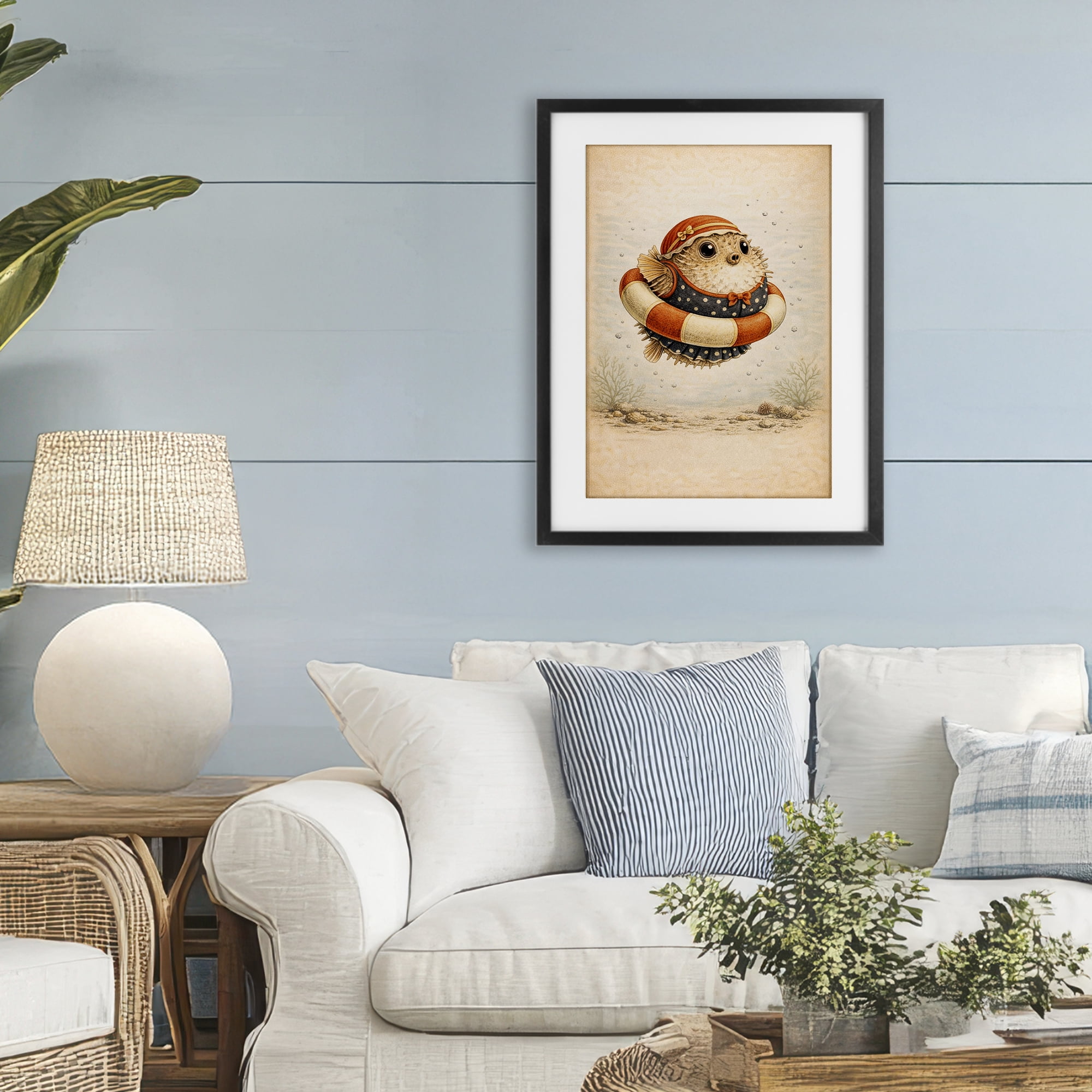 Stupell Industries Pufferfish Of Maritime Bathing Society Black Framed Print Under Glass, design by Grotto Studios