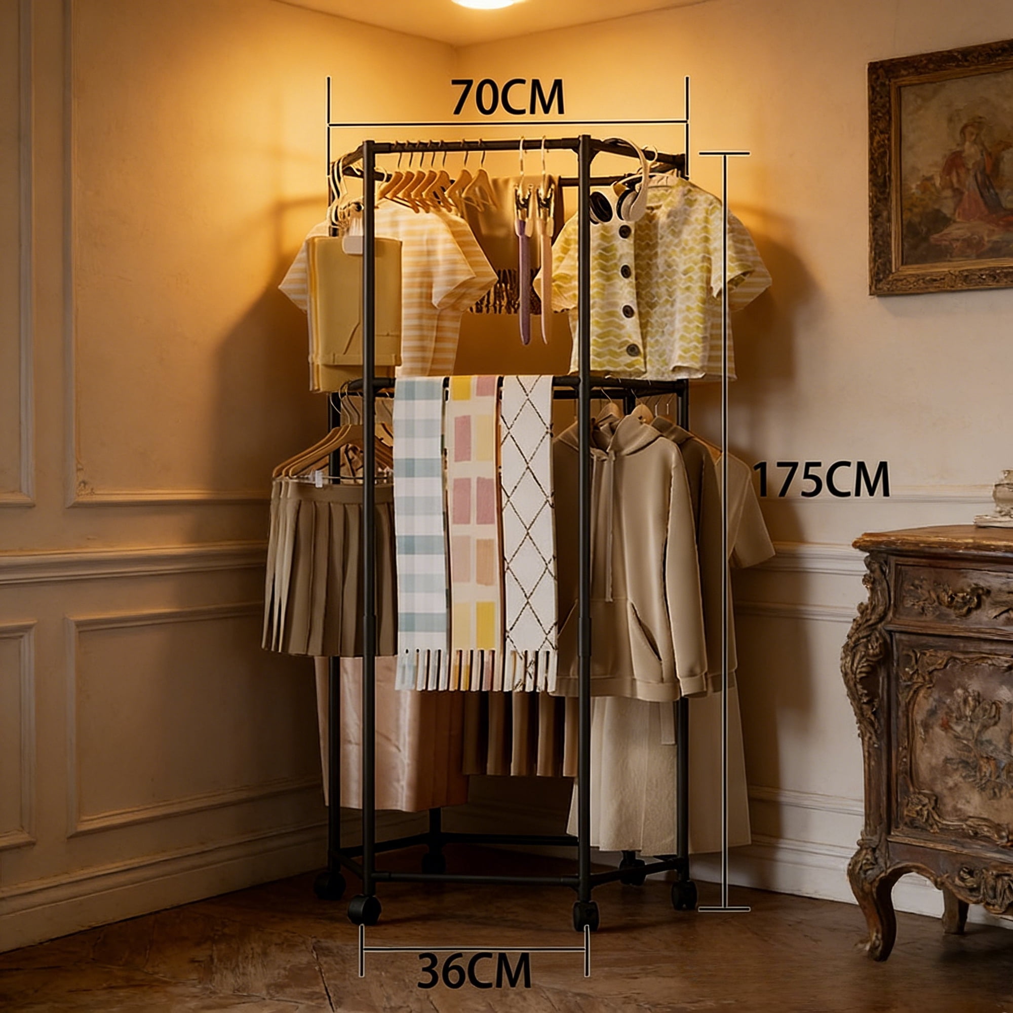 2-Tier Black Rolling Garment Rack, Heavy Duty Metal