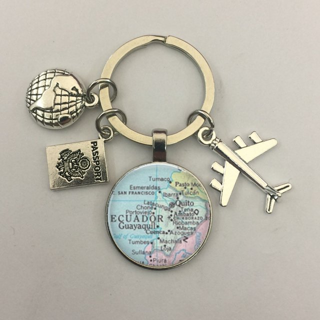 Llavero con mapa del mundo para viajar, explorar la cúpula de cristal, llavero con colgante de avión Cabachon, llavero de joyería de regalo para hombres y mujeres. Dengxun unisex