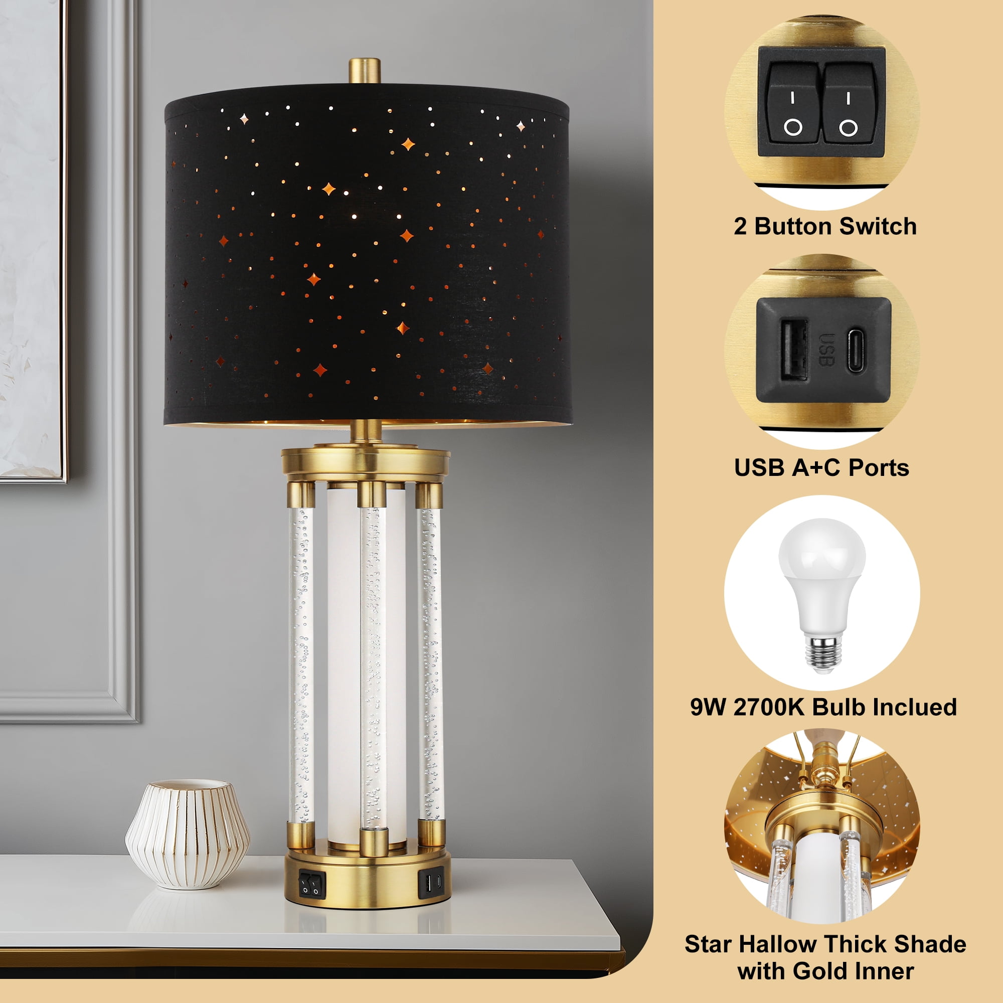 25" Morden Table Lamps Set of 2 with USB A+C Ports and Night Light, Unique Star Hallow Black Shade Lamp for Bedroom,Living Room (Bulb Included)