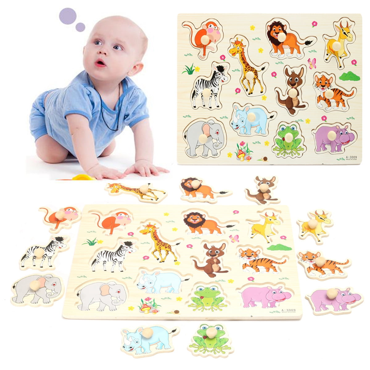 Kids Wooden Matching Zoo Animals Jigsaw Puzzles Toys Gifts for Toddlers Shan 