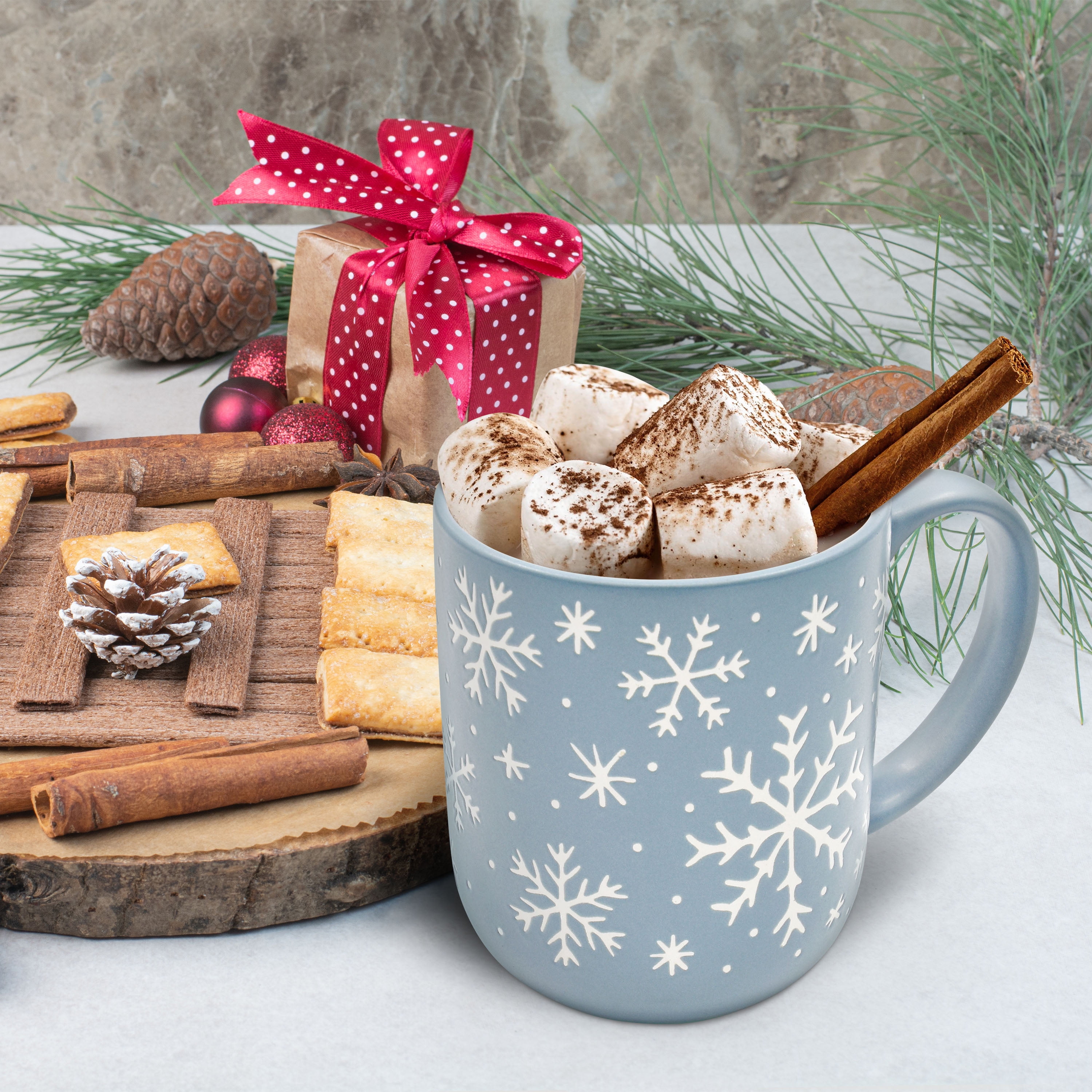 Holiday Time Stoneware Christmas Snowflake Mug, Light Blue, 15.5 oz, 1 Count, Festive Drinkware