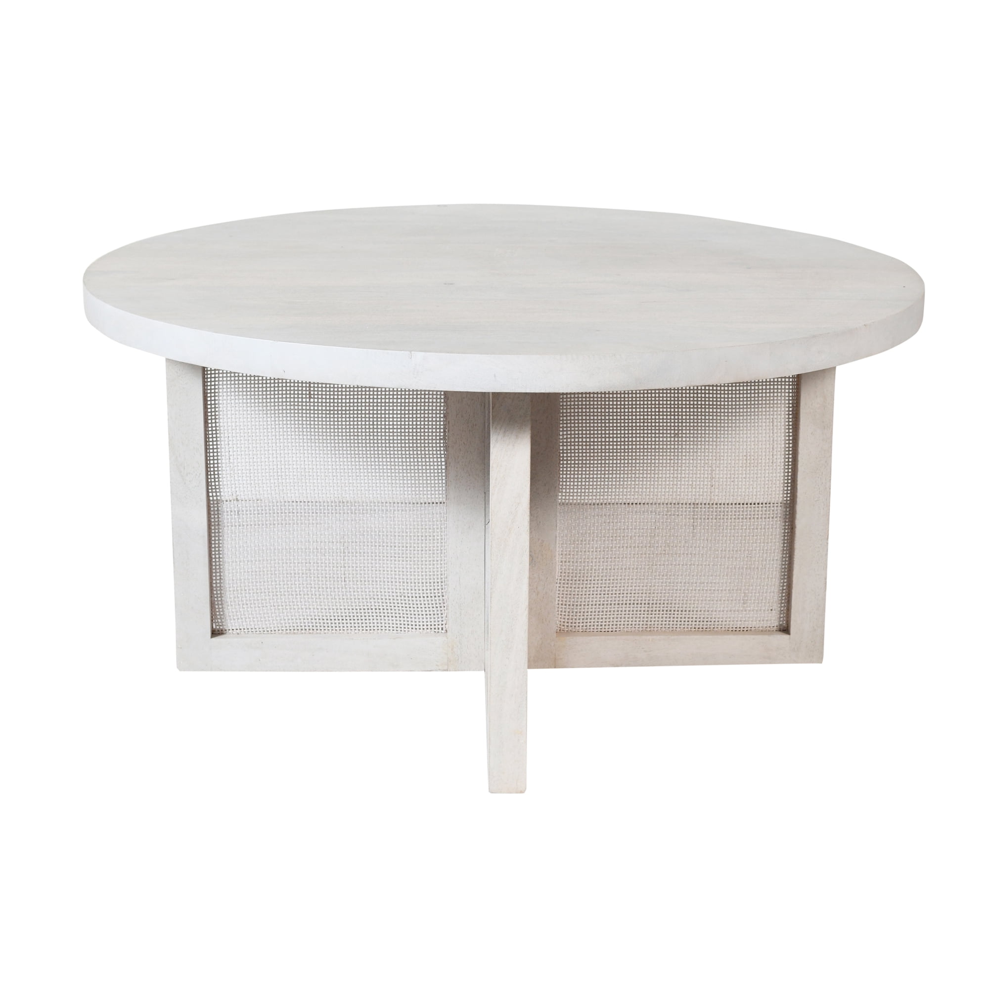 Ox Bay Theodore 36" Round Wood Coffee Table with Cane Screen Base, Whitewashed Finish