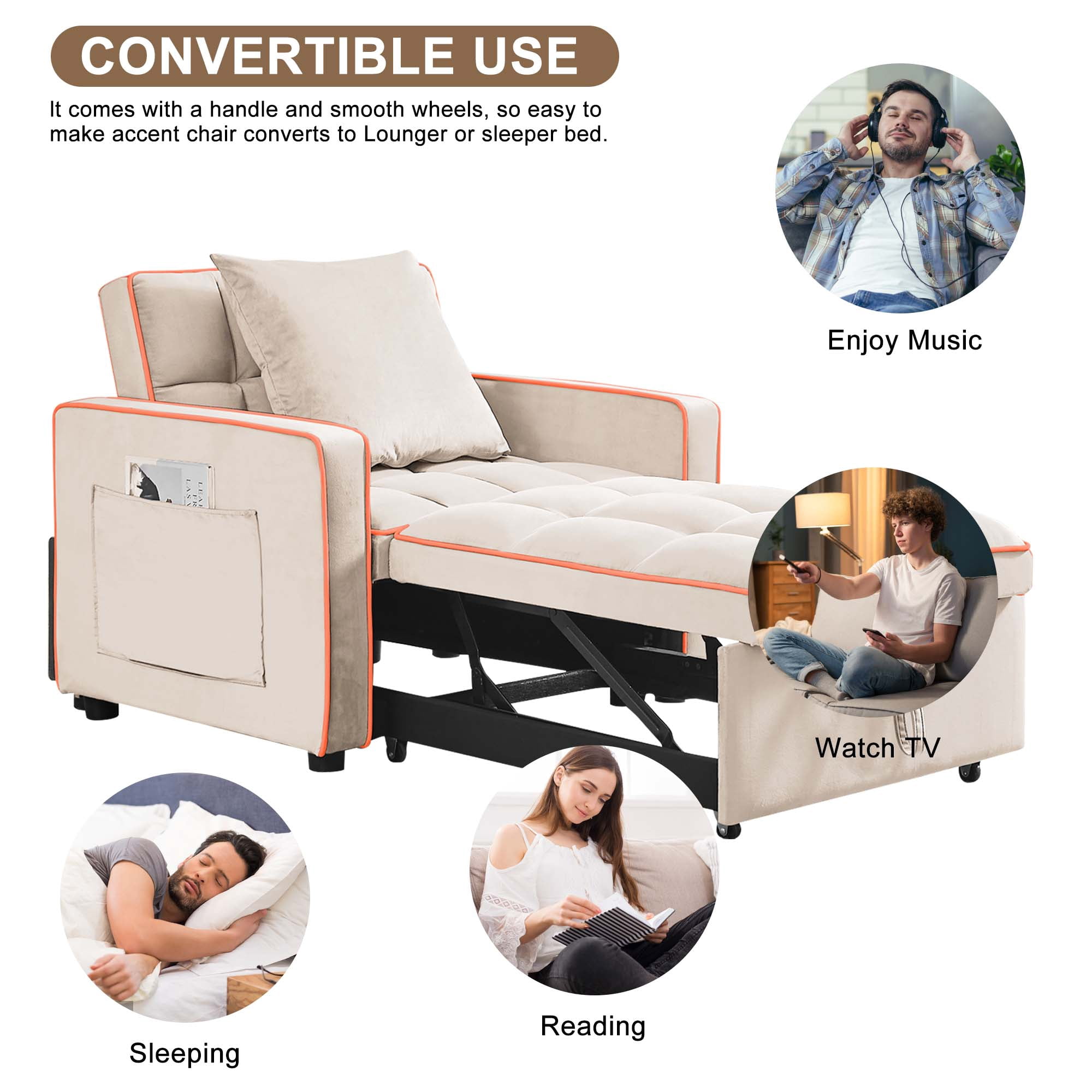 Aukfa Sleeper Chair Bed, Convertible Pull Out Sofa Bed for Living Room Apartment, Beige