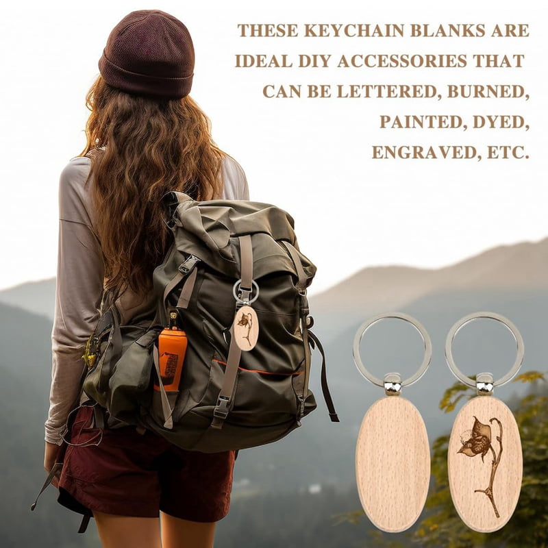 60PCS Oval Wooden Keychain Blanks Unfinished Wood Keychain Blank Key Ring Key Tag Wood Engraving Blank Keychains