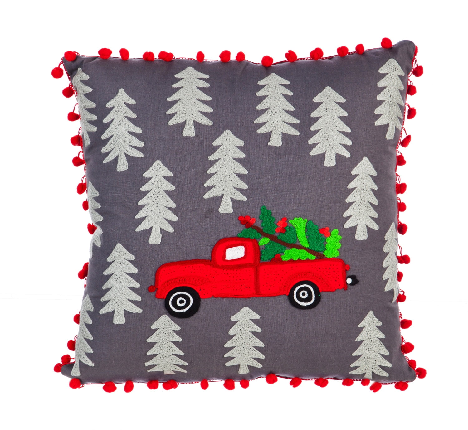 Red Truck Pillow w/ Pom Poms, 18'' x 5'' x 18'' inches
