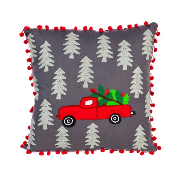 18" Red Truck Pillow w/ Pom Poms
