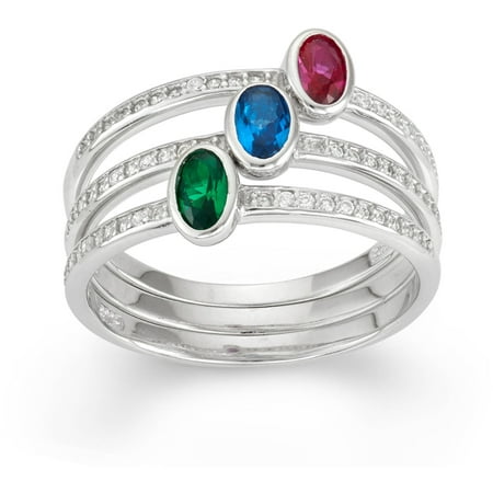 Simulated Emerald, Created Blue Sapphire and Created Ruby 6mm x 4mm Oval-Cut 3-Piece Sterling Silver Stackable Ring Set