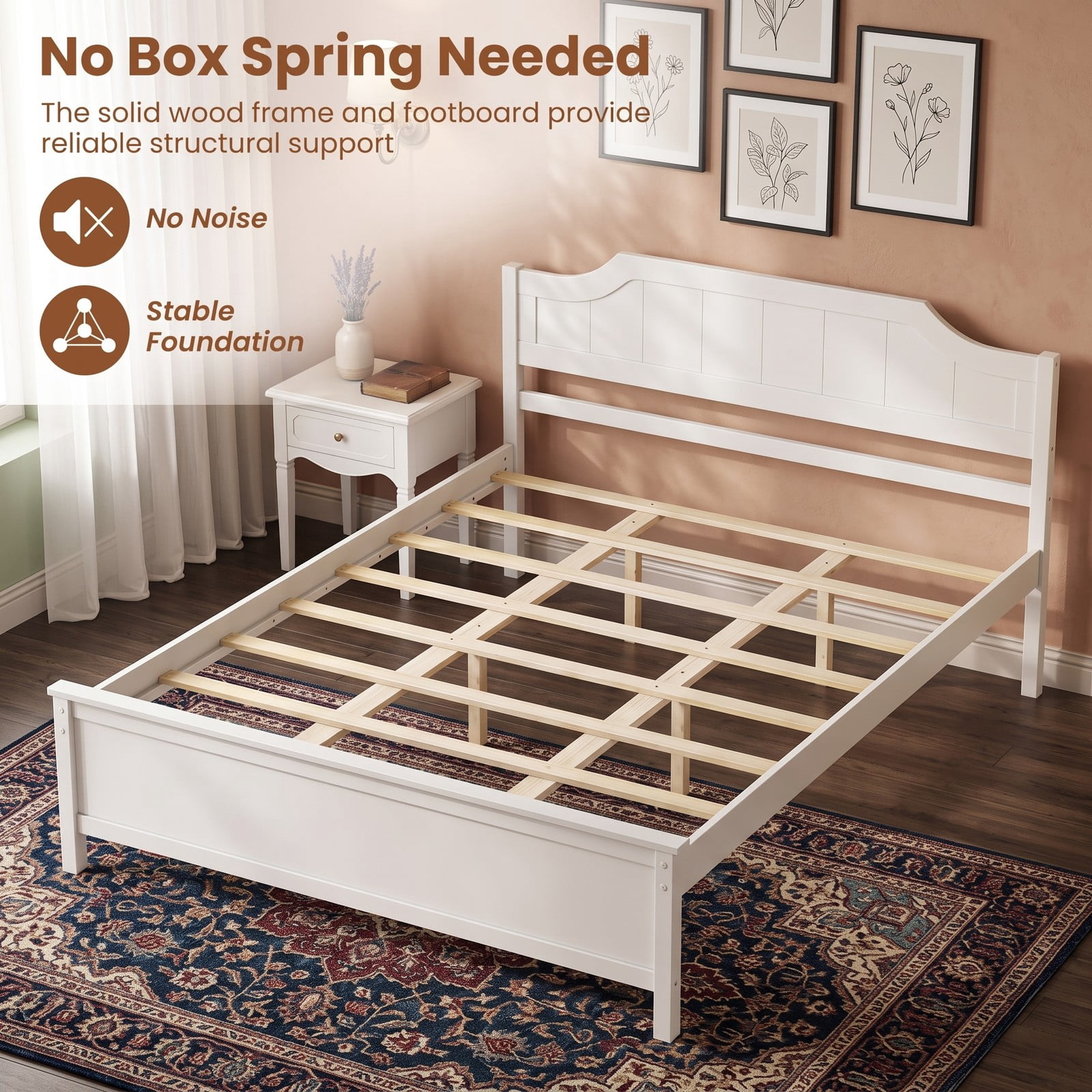 Furnibear Queen Size Bed Frame Solid Wood Platform Bed Frame with Curved Headboard and Footboard for Bedroom and Guest Room, White