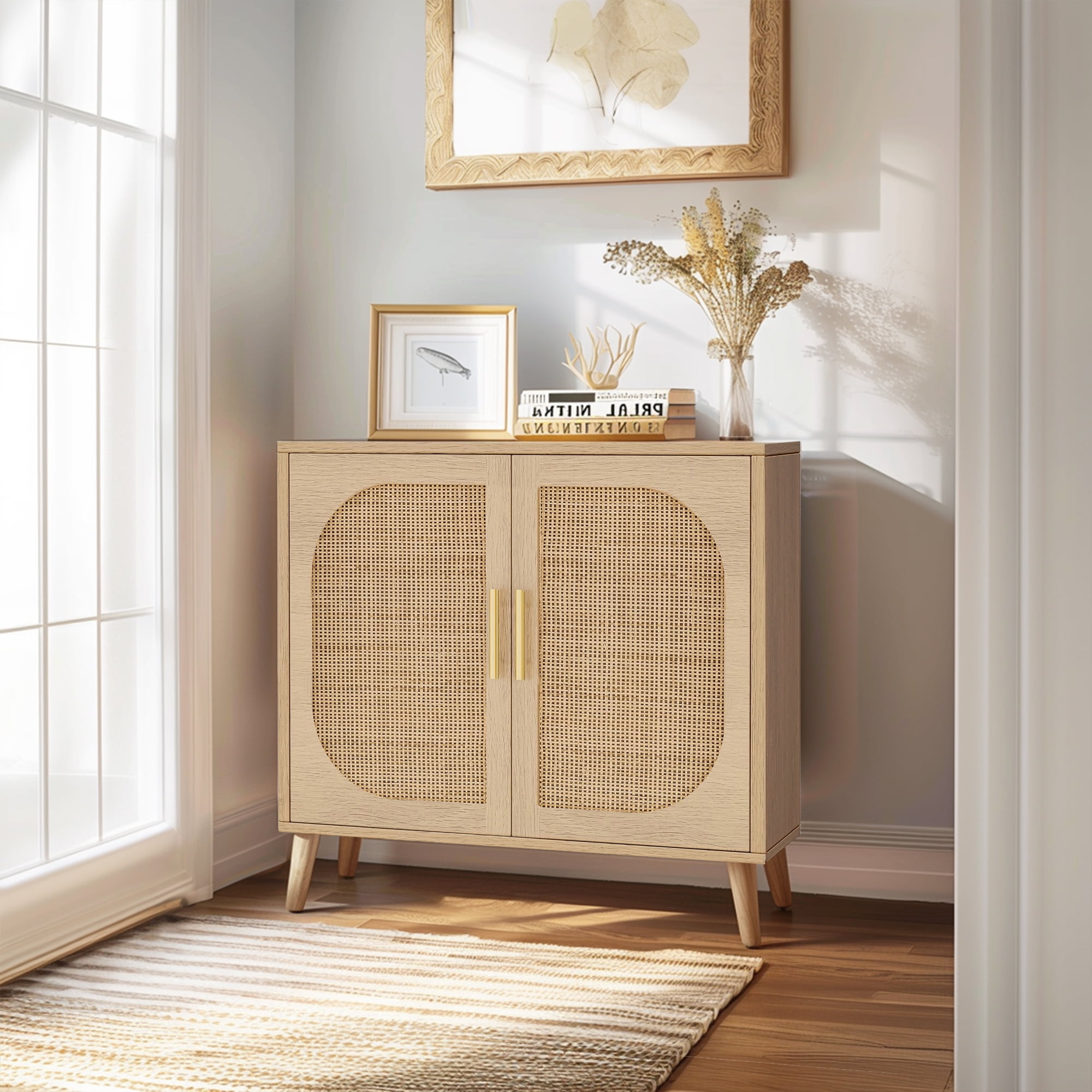 Natural Buffet Cabinet with 2 Doors and 4 Compartments – Solid Wood Feet Sideboard for Bathroom, Hallway, Entry, Living Room