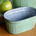 thumbnail image 4 of French Country Style Oblong Cache Pot Planters, Set of 3, Distressed Pale Green Finish with Terracotta Undertones, Galvanized Zinc, Corrugated Details, 10.5, 9, and 7.5 Inches Long, 4 of 7