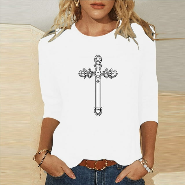Xuyuer Women's Casual Three-quarter Sleeve T-Shirts Round Neck Cute Tunic Tops Basic Tees Blouses Loose Fit Pullover
