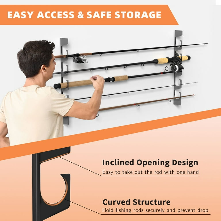 a fishing pole is inclined to the horizontal PLUSINNO H5W Rod/Pole Holders for Garage, Wall or Ceiling Mounted Rack, Solid Wood Fishing Rod Holder Holds up 5/10/20 Rods or Combos Fishing Gear, Gifts for Men You can easily store rods of any length or diameter out of the way for walls or ceilings! Vertical vs Horizontal