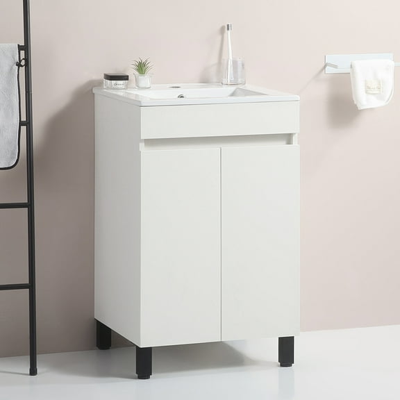 20" Bathroom Vanity, Freestanding Bathroom Vanity with Ceramic Sink, Compact Storage Cabinet with Black Tripod, Furniture Sink Cabinets for Small Space, Bathroom, Kitchen, Living Room, White