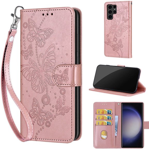 TECH CIRCLE For Galaxy S24 Wallet Case,Folio Flip Kickstand Shockproof Protective PU Leather Cover with Card Slot Cash Pocket Carrying Wrist Strap for Samsung Galaxy S24 6.1" 2024,Rosegold