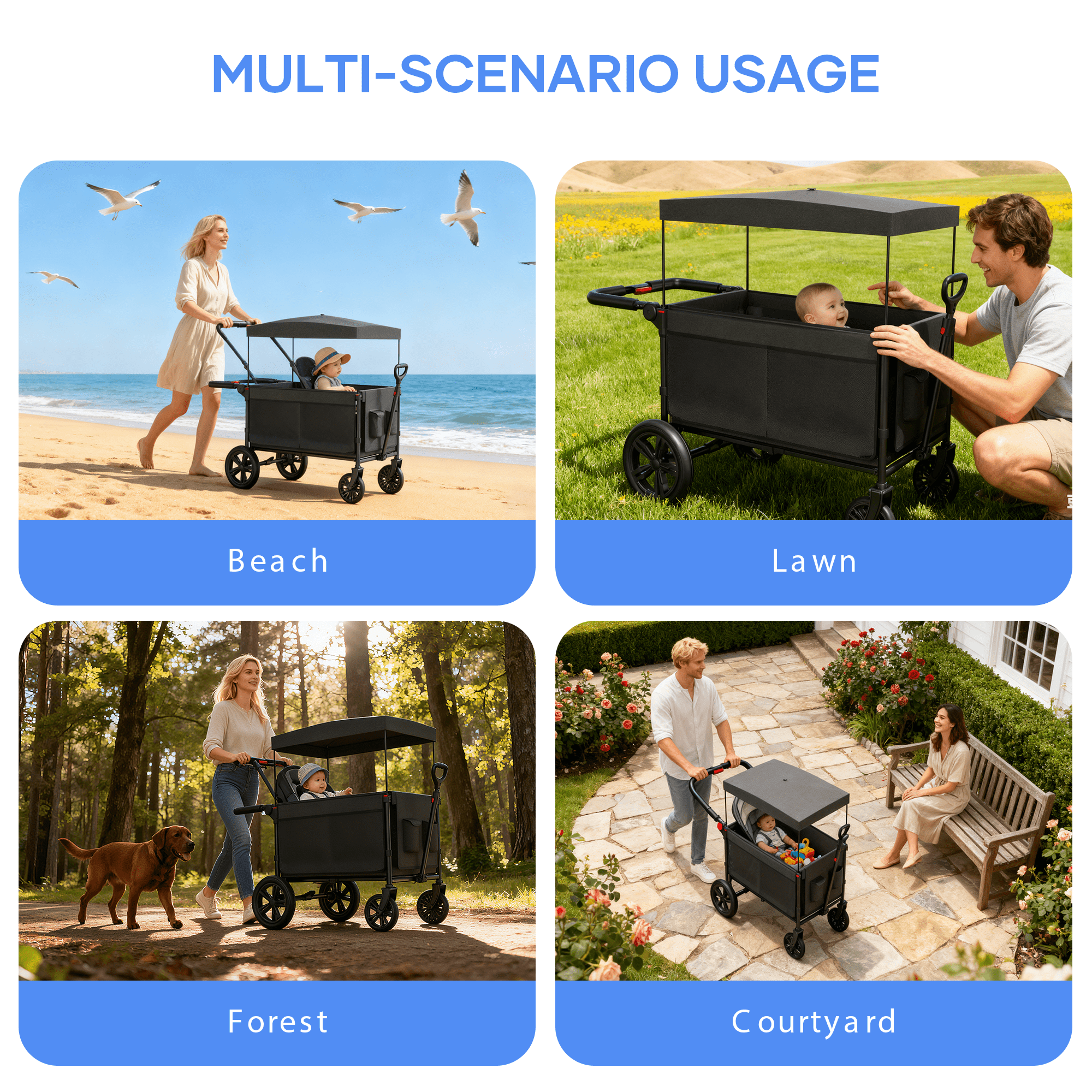 SaveJoy Stroller Wagon 4 Passenger, 4-Seater Wagon Stroller for 4 Kids with Canopy Parent Organizer & 5-Point Harness, Black