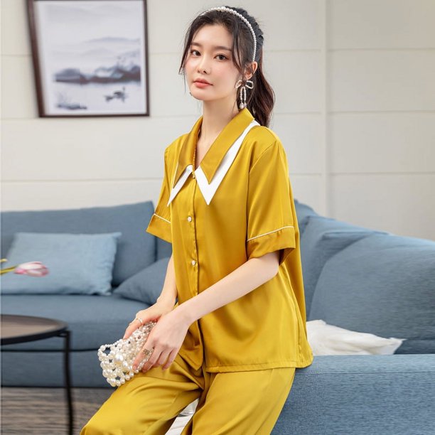 Pijama de mujer de verano de seda de hielo de manga corta traje de simulación de cabello de seda estilo francés ropa de hogar primavera y otoño