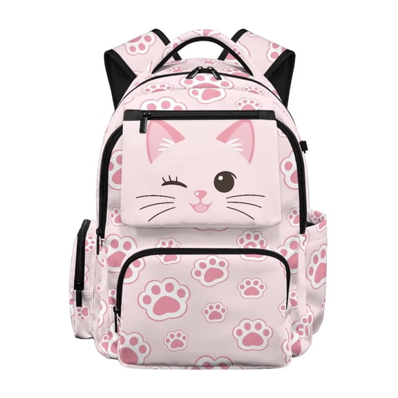 FKELYI Pink Cartoon Cat Paw Print 17 Inch Schoolbag for Kids Backpack Primary School Bookbag with Multi-Pockets Lightweiight Rucksack Daypack for Girls Knapsack