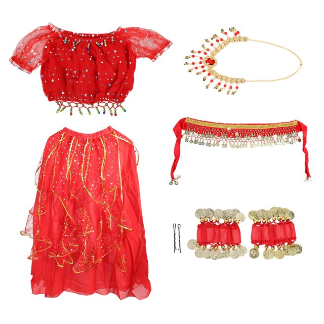 Conjunto de disfraz de danza del vientre para niñas, vestido largo, ropa de danza india (rojo S)