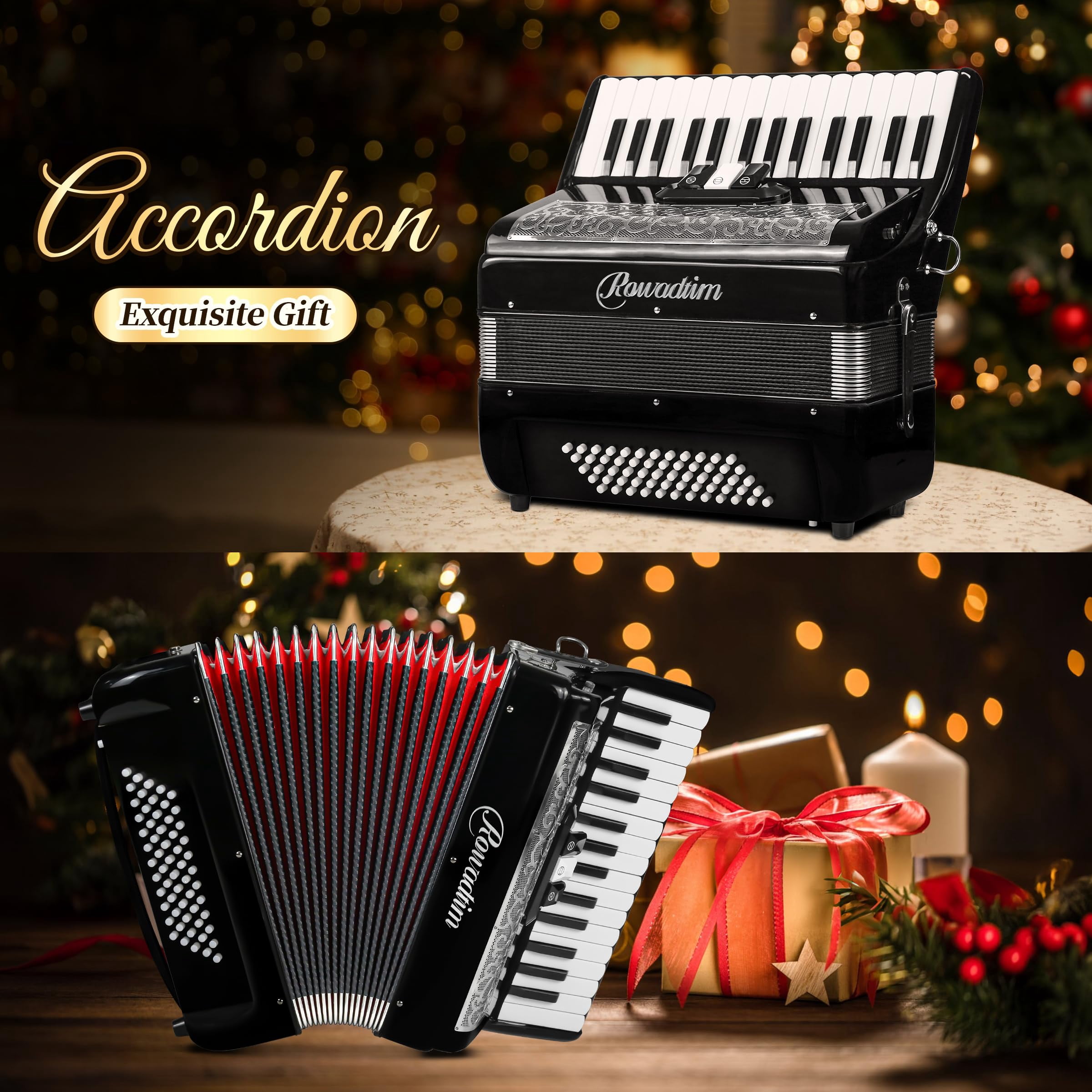 Rowadtim 30 Key 60 Bass Accordion, Beginner & Adult Professional Instrument, Portable with Backpack & Strap, Ideal for Practice, Performances, Black