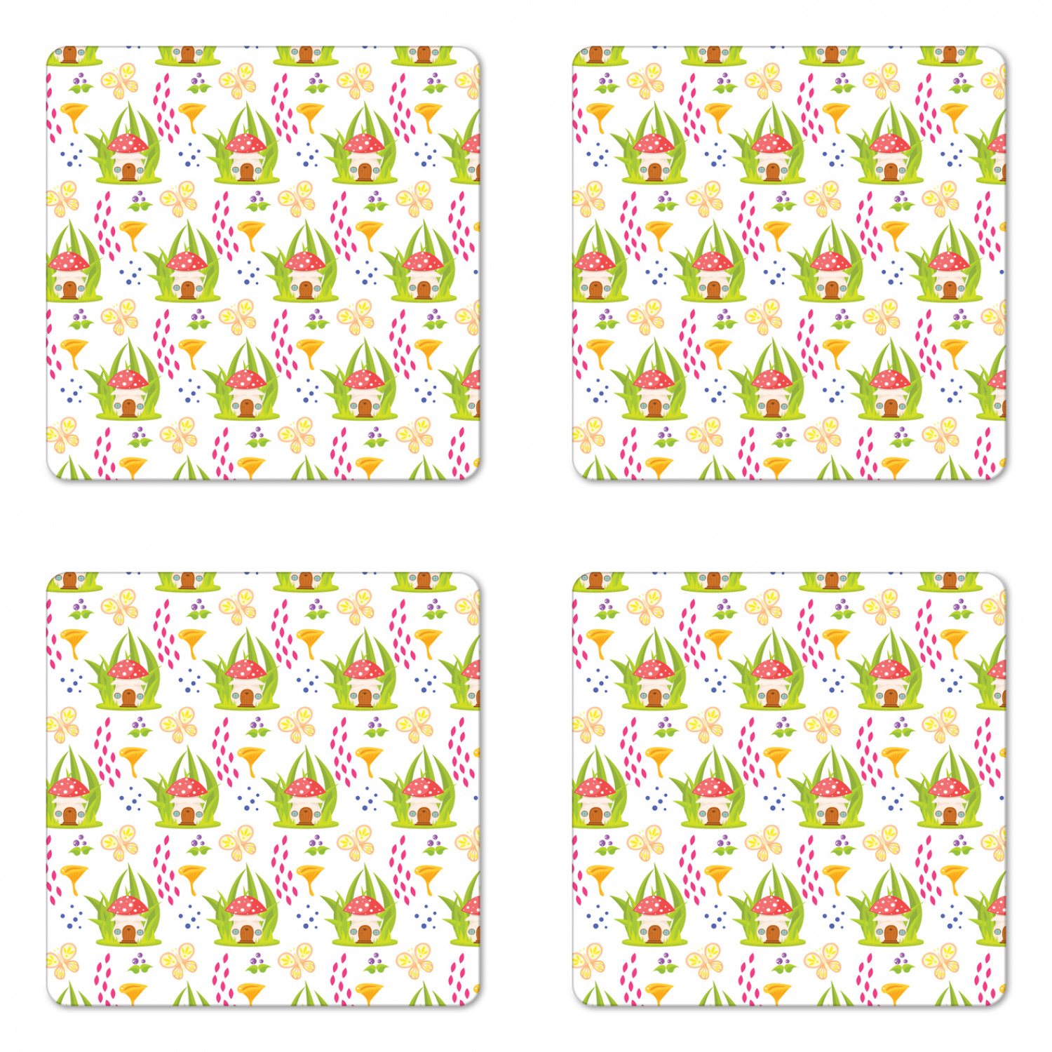 Mushroom Coaster Set of 4, Spring Forest Toadstool House Cartoon ...