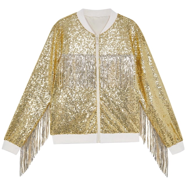 Dealovy Girls Sequin Jackets Spring Summer Long Sleeve Shirts Full Zipper Sparkly Solid Color Tassel Tops