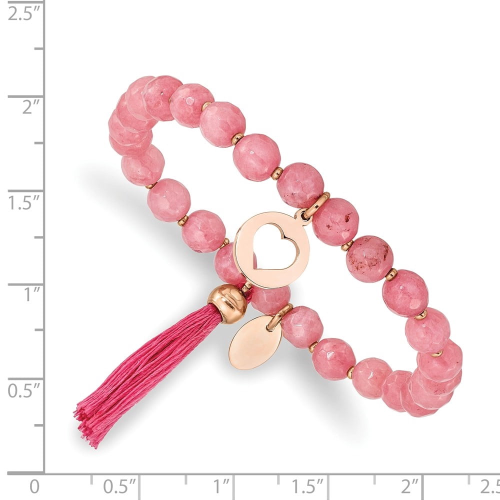 Auriga Fine Jewelry Stainless Steel Rose IP-plated Heart 6mm Pink Jade Beaded Stretch Bracelet with Tassel for Women