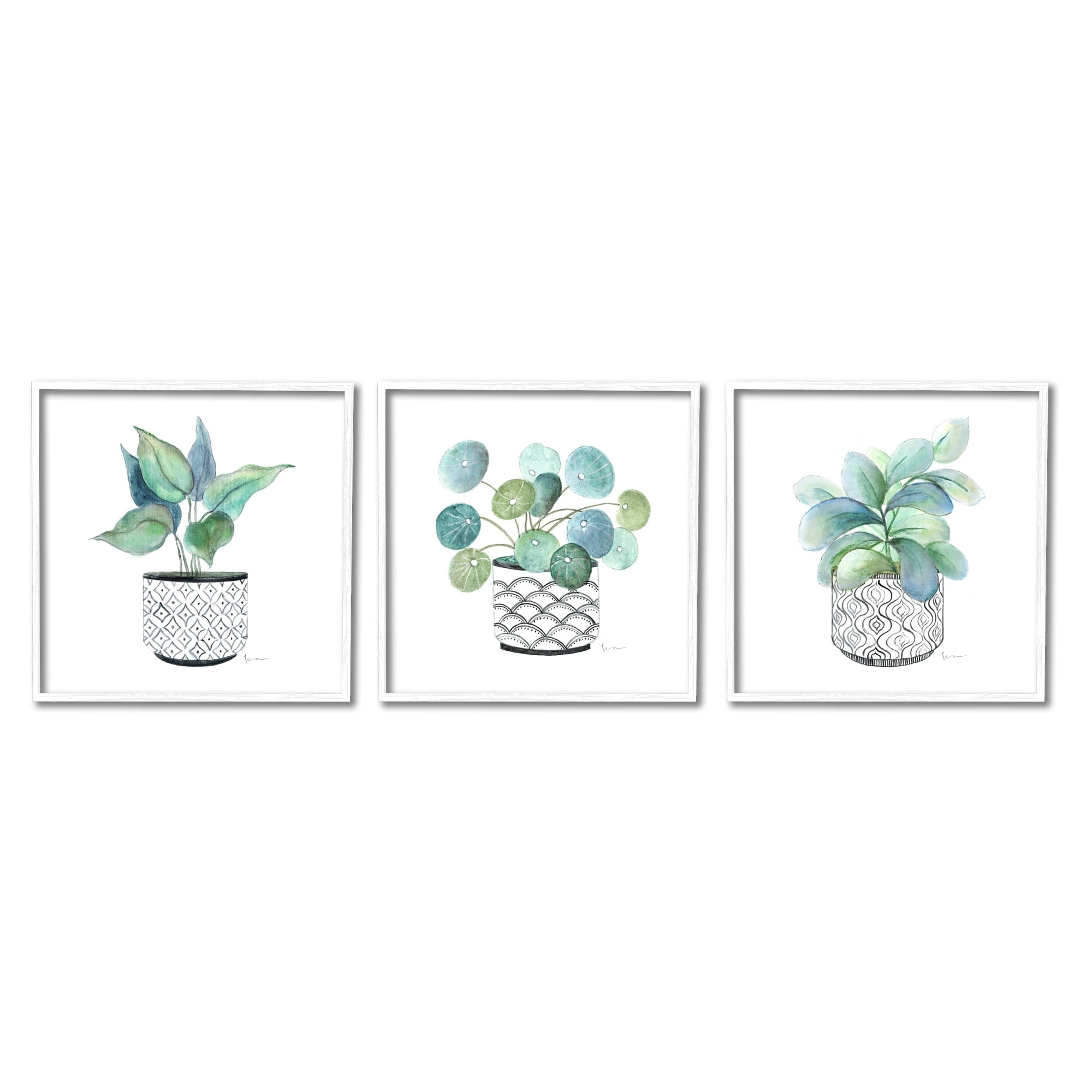 Stupell Industries Patterned Planter Vase Lush Blooming Green Leaves Graphic Art White Framed Art Print Wall Art, Set of 3, Design by Tava Studios