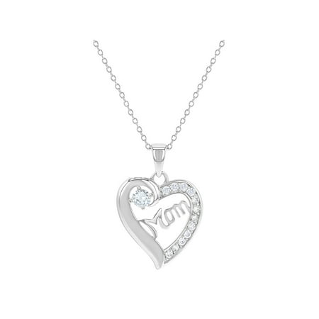 - 925 Sterling Silver Mom Pendant Necklace Heart Mother Gift Clear CZ 19