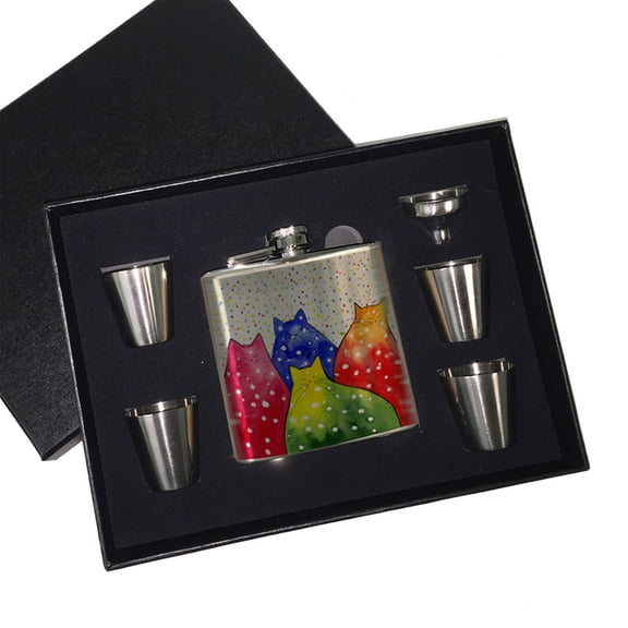 KuzmarK 6 oz. Stainless Steel Flask Set in Black Presentation Box -  Fiesta Polka-Dot Kitties Abstract Cat Art by Denise Every