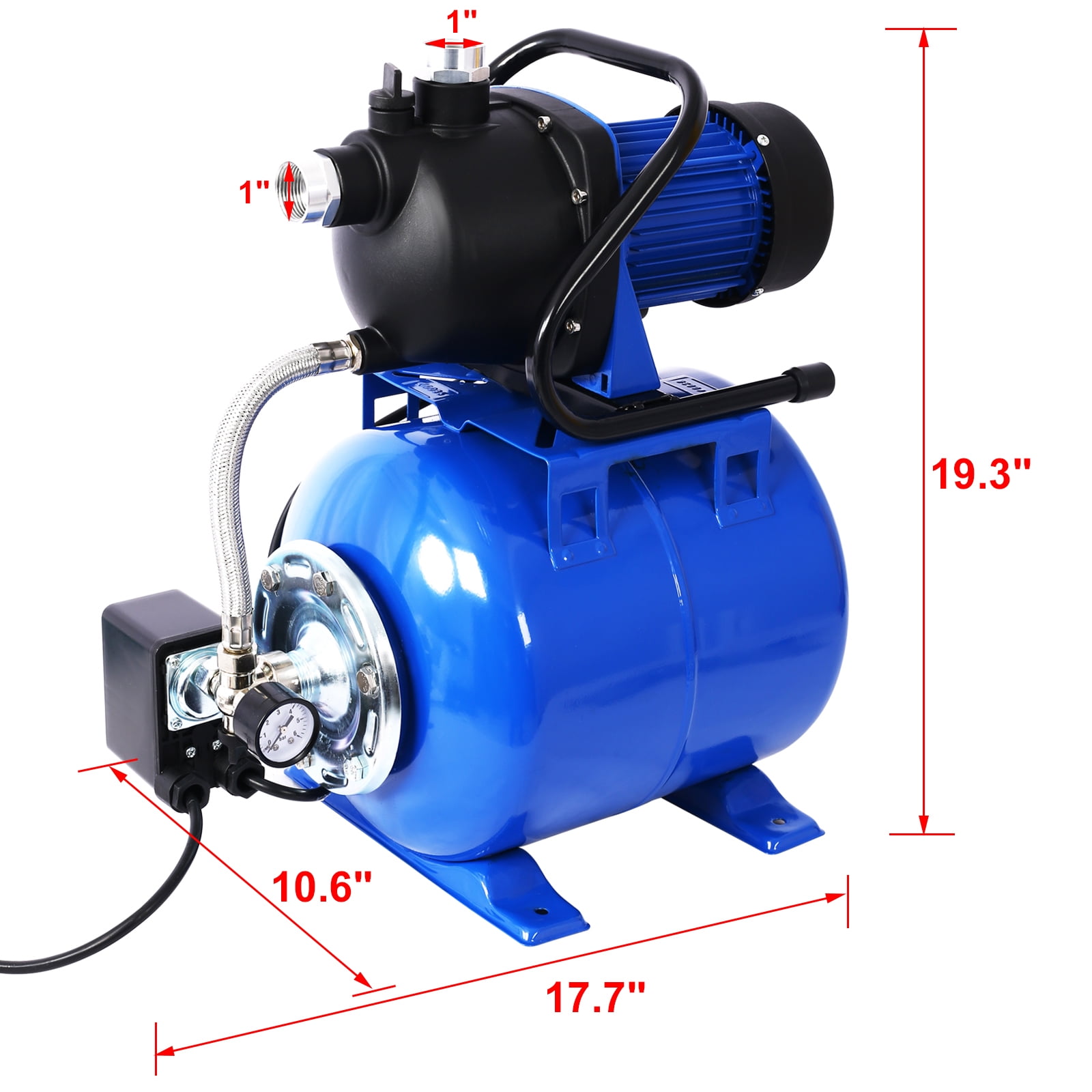 1.6HP Shallow Well Pump with 19L Pressure Tank - Automatic Garden Water Booster for Home, Lawn & Farm Irrigation (1268 GPH, 157ft Lift)