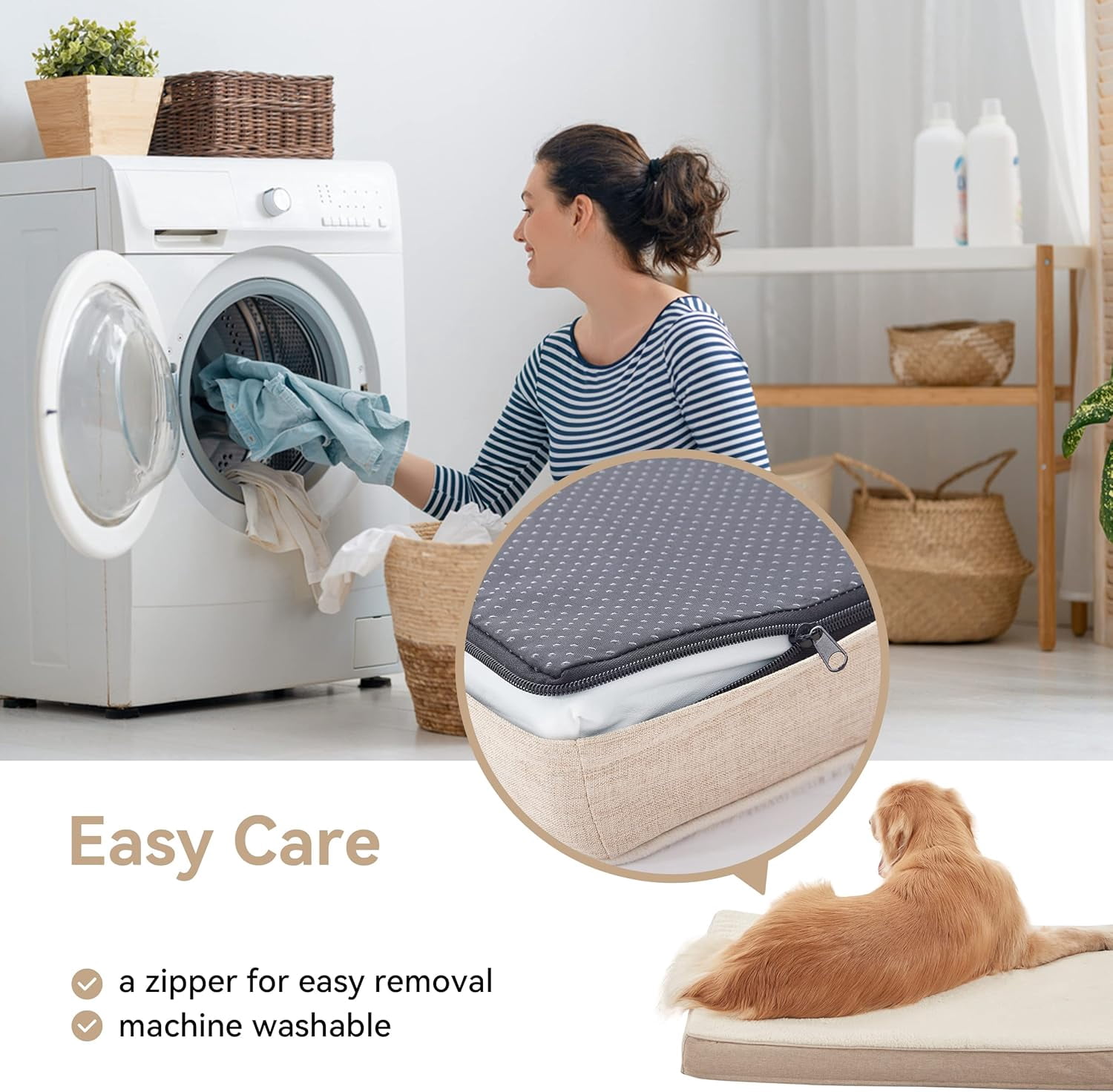 Memory Foam Orthopedic Large Dog Bed, Washable Dog Bed for Crate with Cooling Gel Mattress, Waterproof Liner and Plush Removable Cover for Extra Large Dogs (Beige)