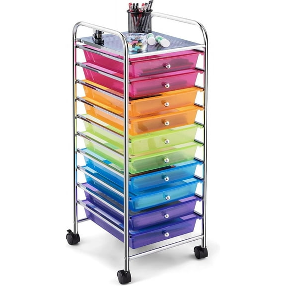 FASCK 10-Drawer Rolling Storage Cart, Utility Mobile Trolley with Removable Drawers & Universal Casters & 2 Brakes, Versatile Flexible Drawer Organizer Cart for Home, Office (Rainbow)
