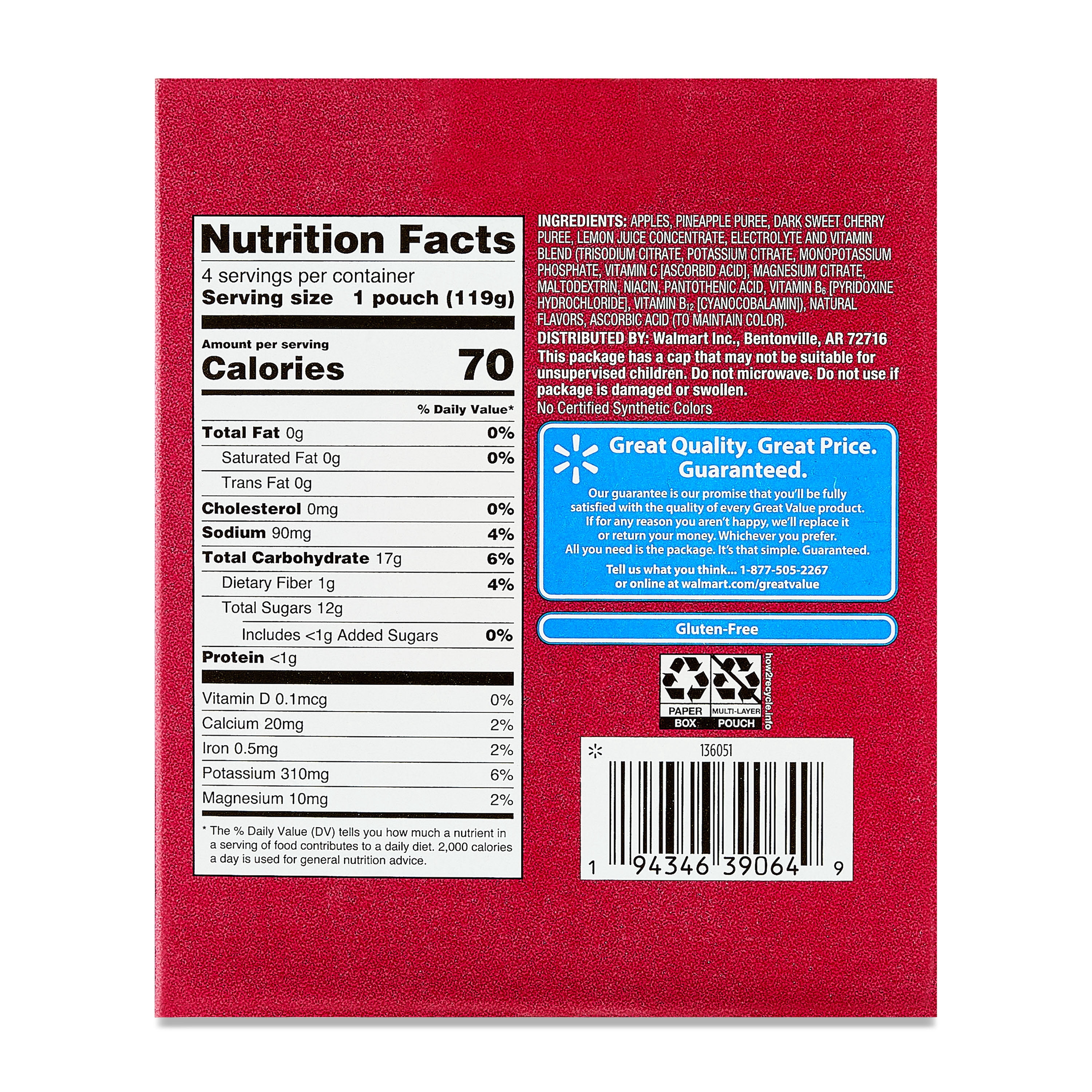 Great Value Sport Fruit Blend Applesauce with Electrolytes, Fruit Punch, 16.8 oz, 4 Count Carton