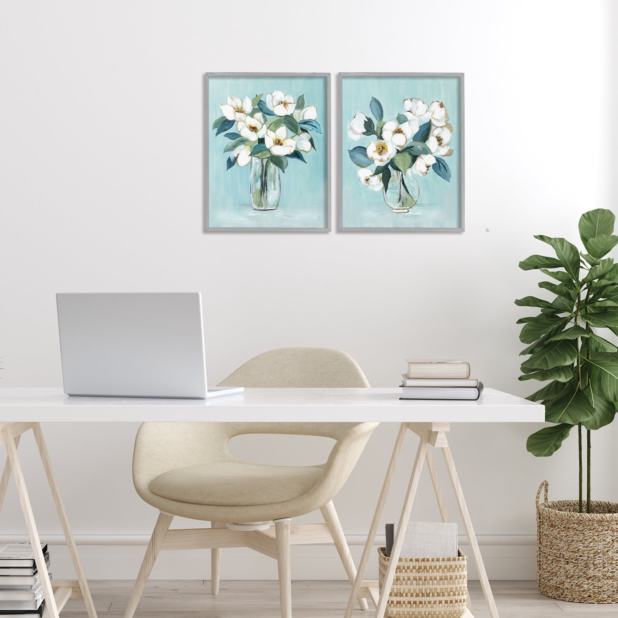 Stupell Industries Magnolia Blossom Vases 2 Piece Gray Framed Giclee Art Set, design by Janet Tava