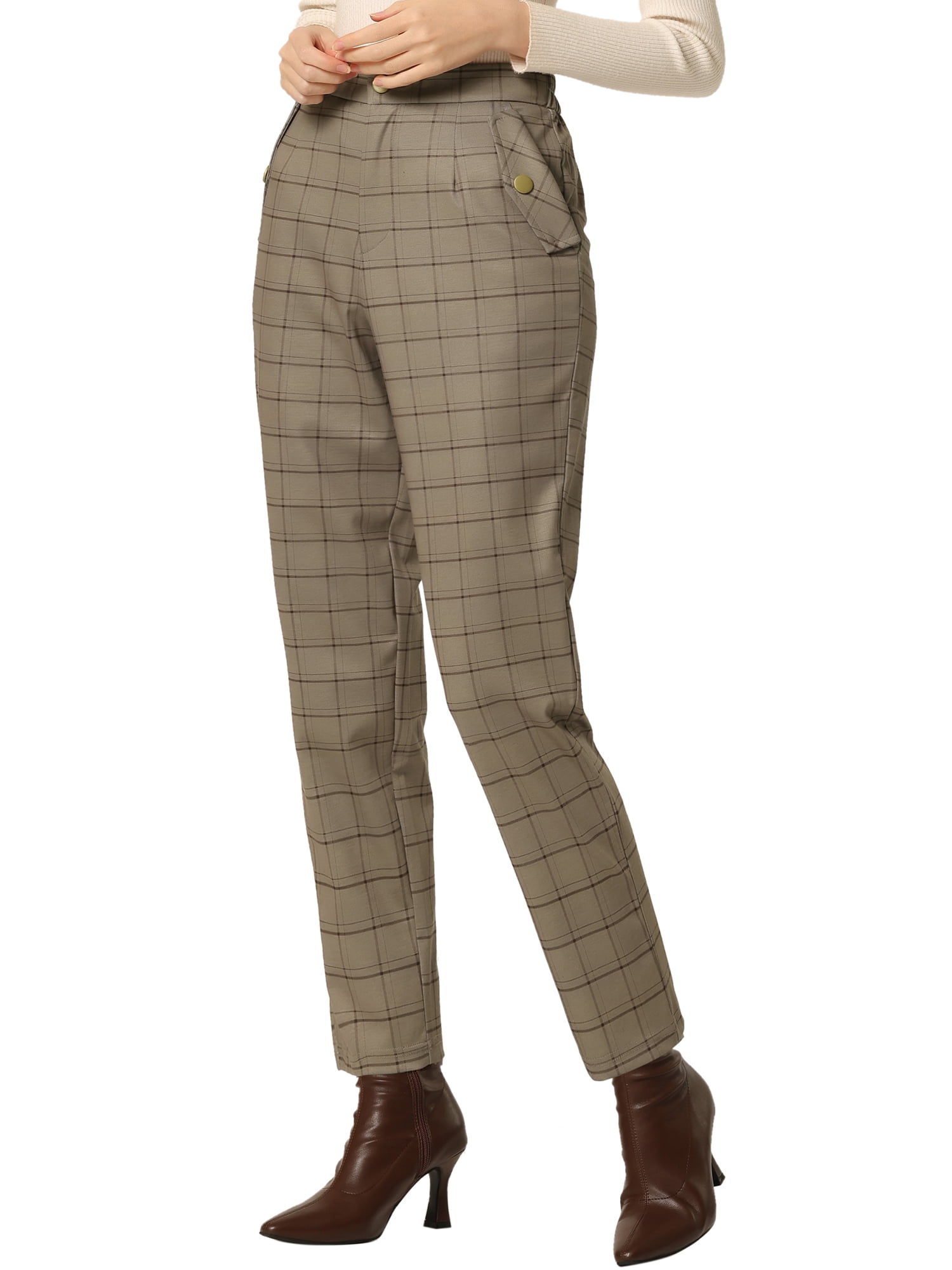 DARING DIVA Women's Tartan Plaid Pants Elastic Waist Straight Trousers XS Camel