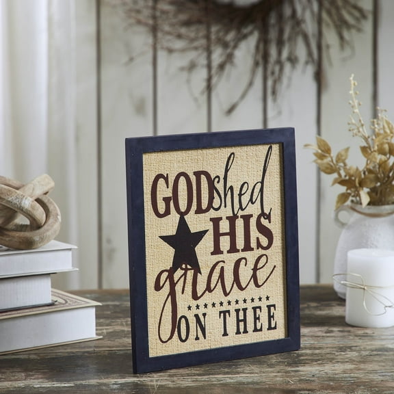 VHC Brands Patriotic God Shed His Grace On Thee Framed MDF Wall Sign 12x10, Independence Day Decor, Decorative Sign, Rustic Farmhouse Fourth of July Decorations, Burlap Tan, Burgundy, Navy Blue
