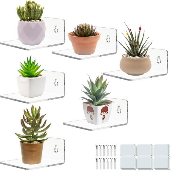 Acrylic Small Adhesive Wall Shelves,Mini Floating Shelves,Acrylic Display Shelves,Ledges for Pop Figures,Plant,Picture Photo Modern Wall for Bedroom Decor Living Room (6 Pcs 3.9" - Clear)