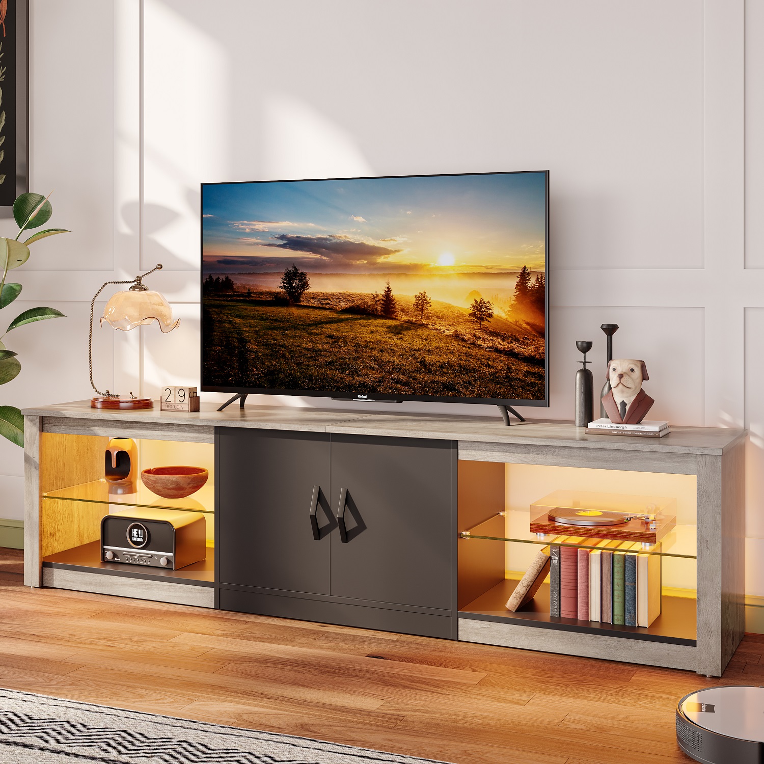 Bestier 70" TV Stand with LED Lights, Wash Grey photo 1
