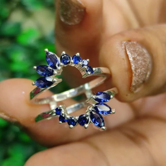 Art Deco Marquise and Round Cut and Blue Sapphire Ring Enhance Wrap in 925 Sterling Silver