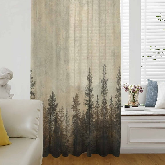 Brown Forest Semi Sheer Curtains Drapes for Living Room, Bedroom, French Doors Window 45 Inches Long, Vintage Tree Farmhouse Botanical Rod Pocket Chiffon Curtain Drapery Voile Draperies Panel