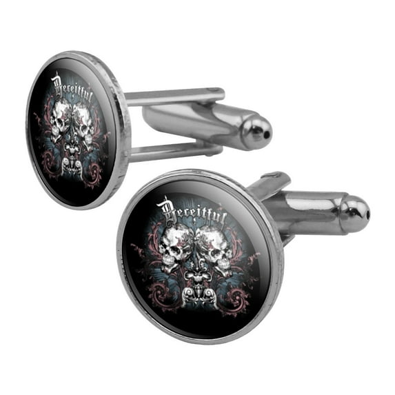 Deceitful Skulls Biker Motorcycle Chopper Round Cufflink Set Silver Color