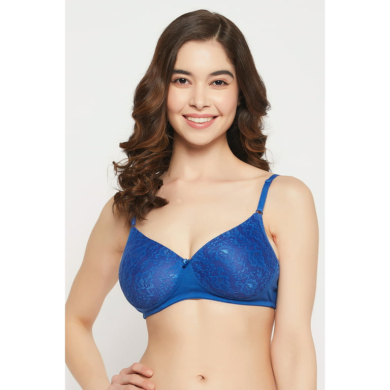 Clovia Padded Non-Wired Full Cup Self-Patterned Bra in Royal Blue - Lace