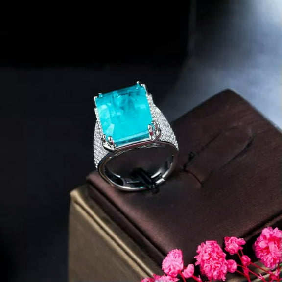 Blue Princess Cut Big Rectangle Chunky CZ Stone Women Pageant Engagement Ring